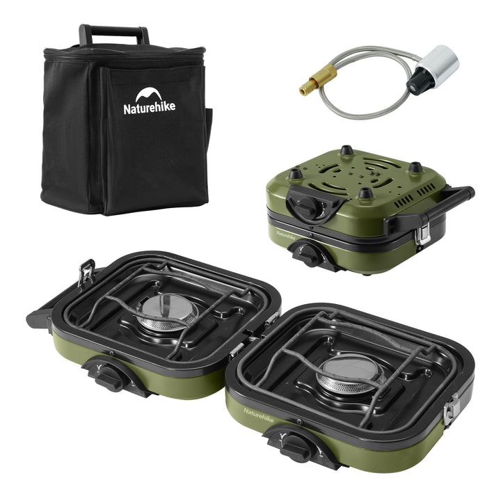 Naturehike Phantom 2-Burner Folding Camping Stove Propane model, showcasing both the compact packed form inside the storage bag and the fully unfolded stove, highlighting its portability for quick setup and breakdown.