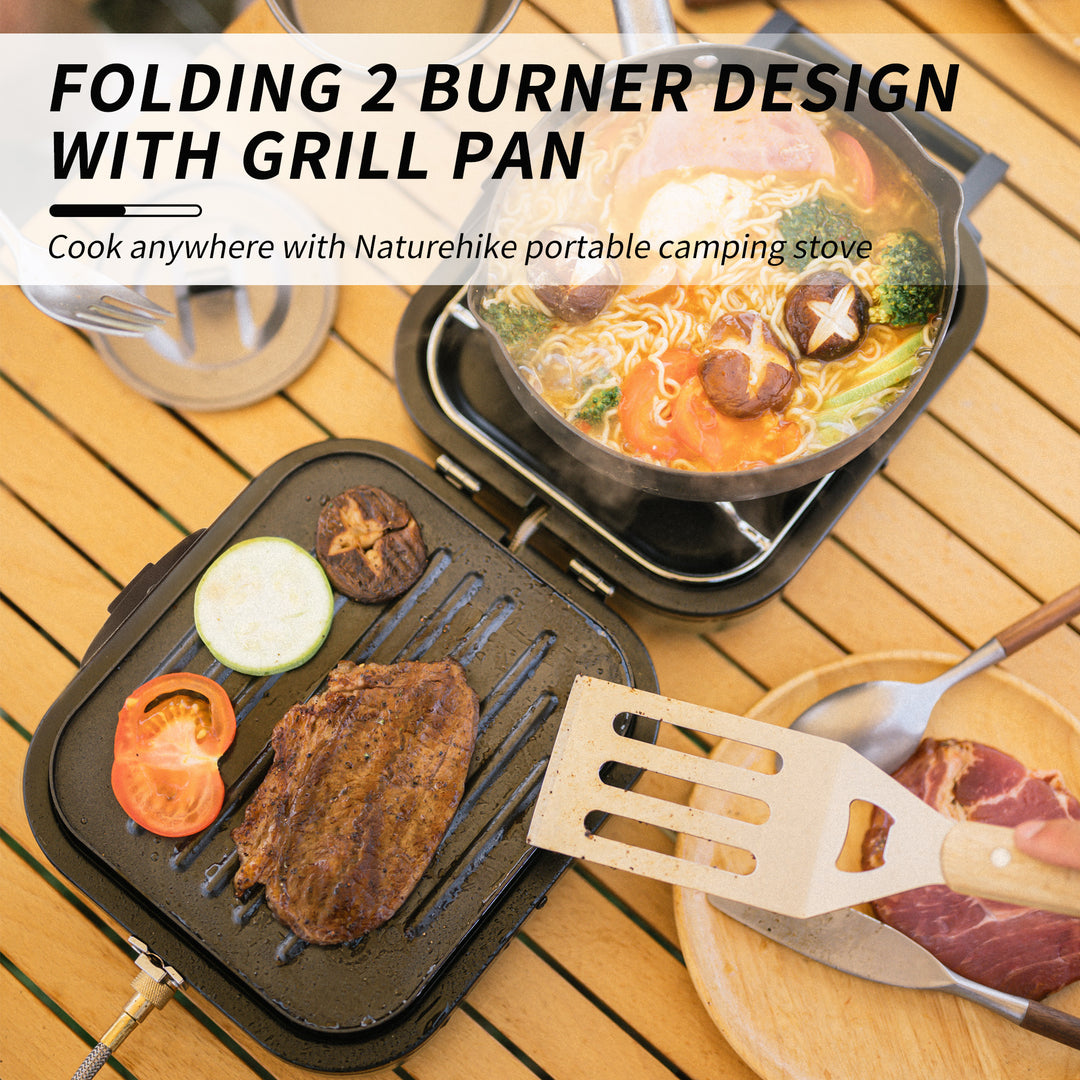 Naturehike Phantom dual-burner folding stove in use, showing simultaneous cooking of breakfast on the integrated griddle and coffee on the second burner. Perfect for versatile camp meals.