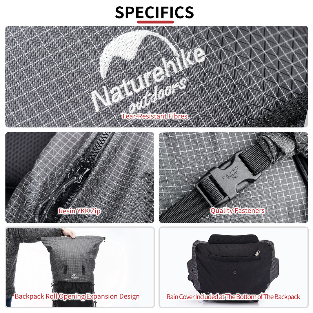 Naturehike Rock hiking backpack detail features including multiple pockets, compression straps and gear attachment points, functional design trekking backpack with organized storage for hiking, camping and outdoor travel use.