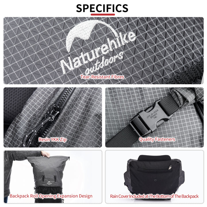 Naturehike Rock hiking backpack detail features including multiple pockets, compression straps and gear attachment points, functional design trekking backpack with organized storage for hiking, camping and outdoor travel use.
