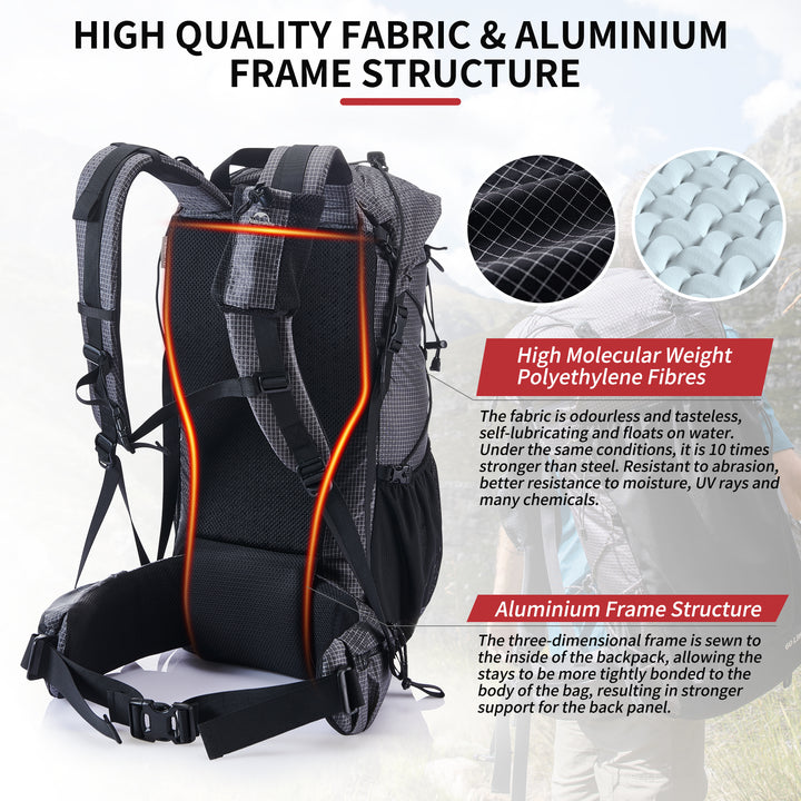 Naturehike Rock hiking backpack material and back panel design detail, featuring durable tear resistant fabric and breathable ergonomic support system, comfortable trekking backpack built for long distance hiking and extended outdoor use.
