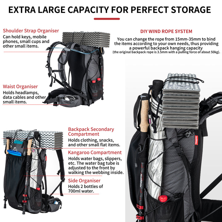 Naturehike Rock hiking backpack with multiple compartments and storage options, spacious large capacity design with organized pockets for gear, clothing and essentials, functional trekking backpack for hiking, camping and extended outdoor travel.