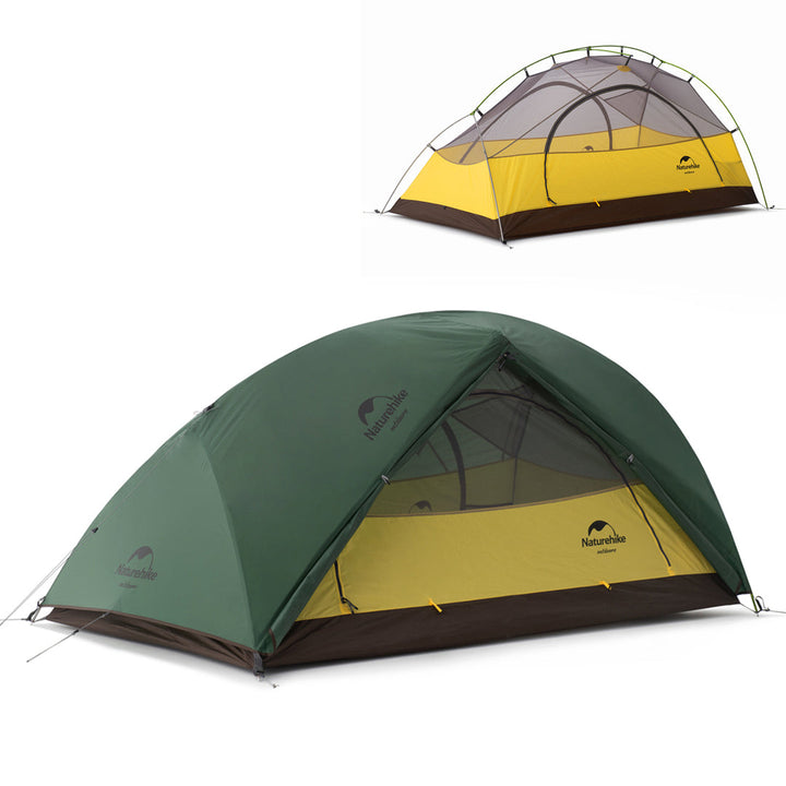 Full assembled view of the Naturehike Star River 2-Person Tent in Army Green 210T polyester fabric. This durable dual-layer tent provides reliable weather protection and good ventilation for budget-friendly camping.