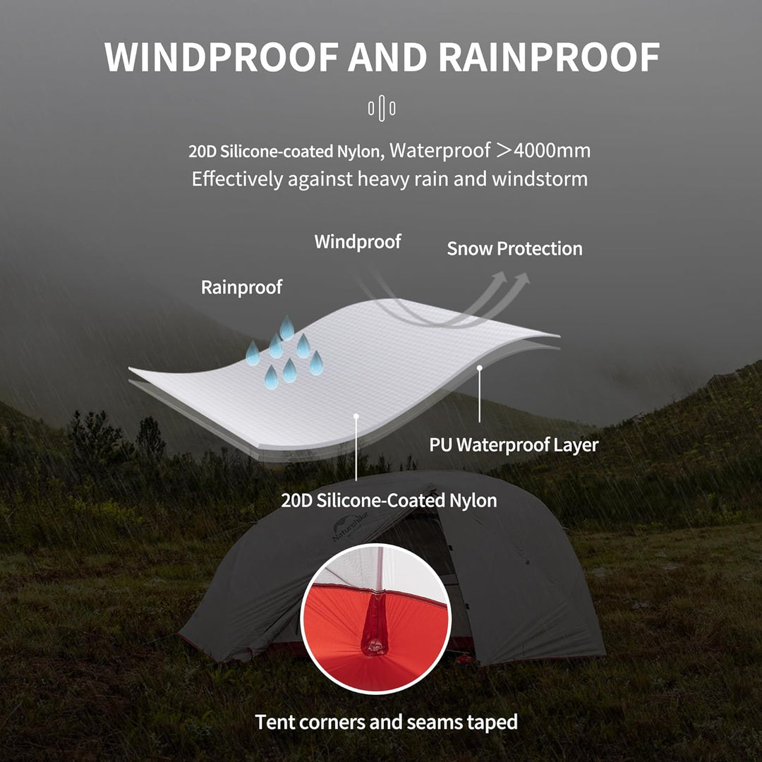 The Star-River 3-Season Backpacking Tent is made of 20D silicone-coated nylon and has a waterproof performance of over 4000mm, which can effectively resist heavy rain and storms. The tent's windshield and snow protection make it an ideal choice for outdoor adventures.