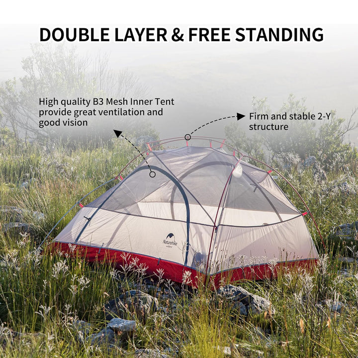 Technical view of the Naturehike Star River Tent’s construction, featuring the breathable B3 mesh inner tent and stable 2-Y pole structure. This double-wall tent provides excellent ventilation and clear vision for reliable three-season backpacking.