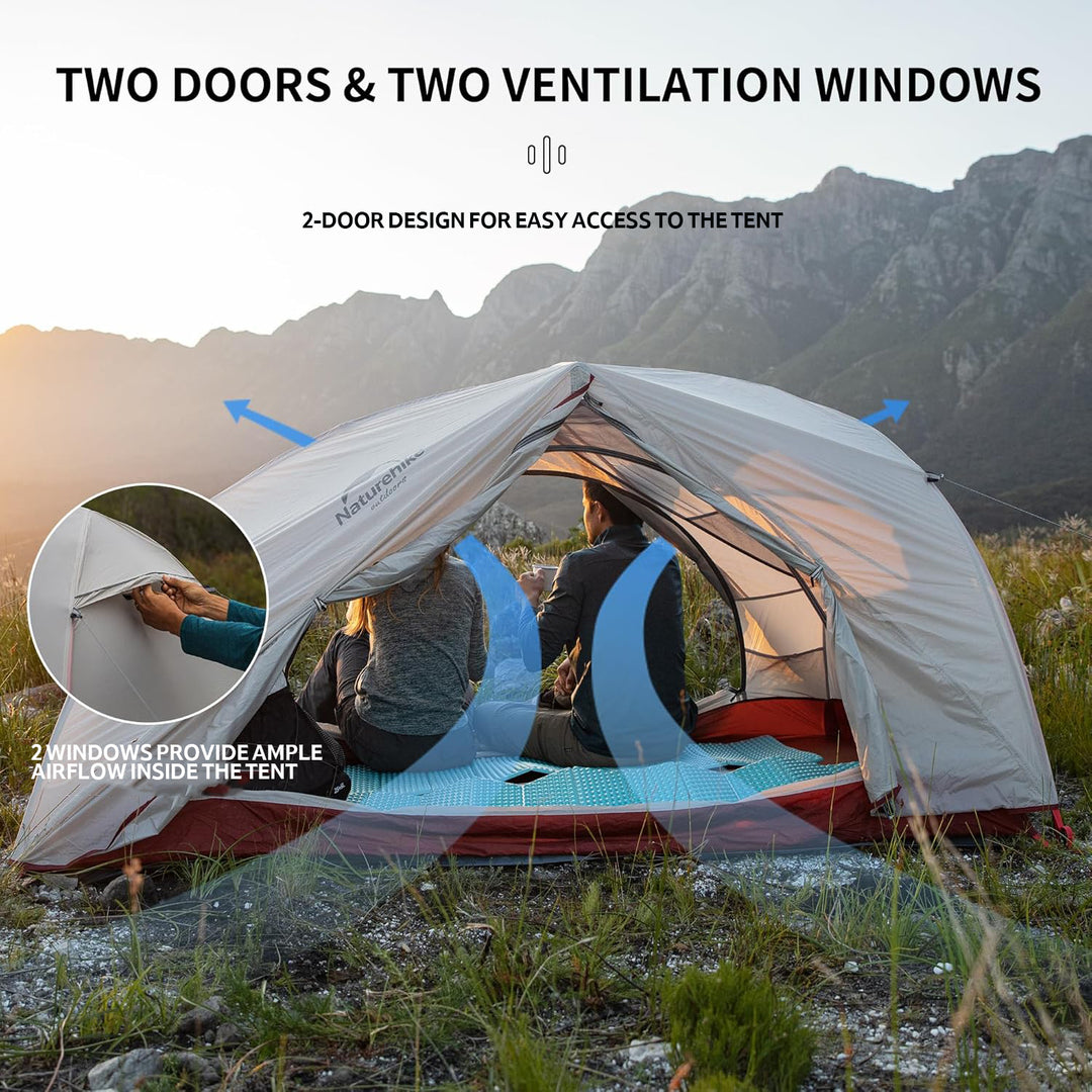 View of the Naturehike Star River Tent showcasing its convenient dual-door and dual-vestibule design. The opposed doors allow easier entry/exit for two people and create superior cross-breeze ventilation.