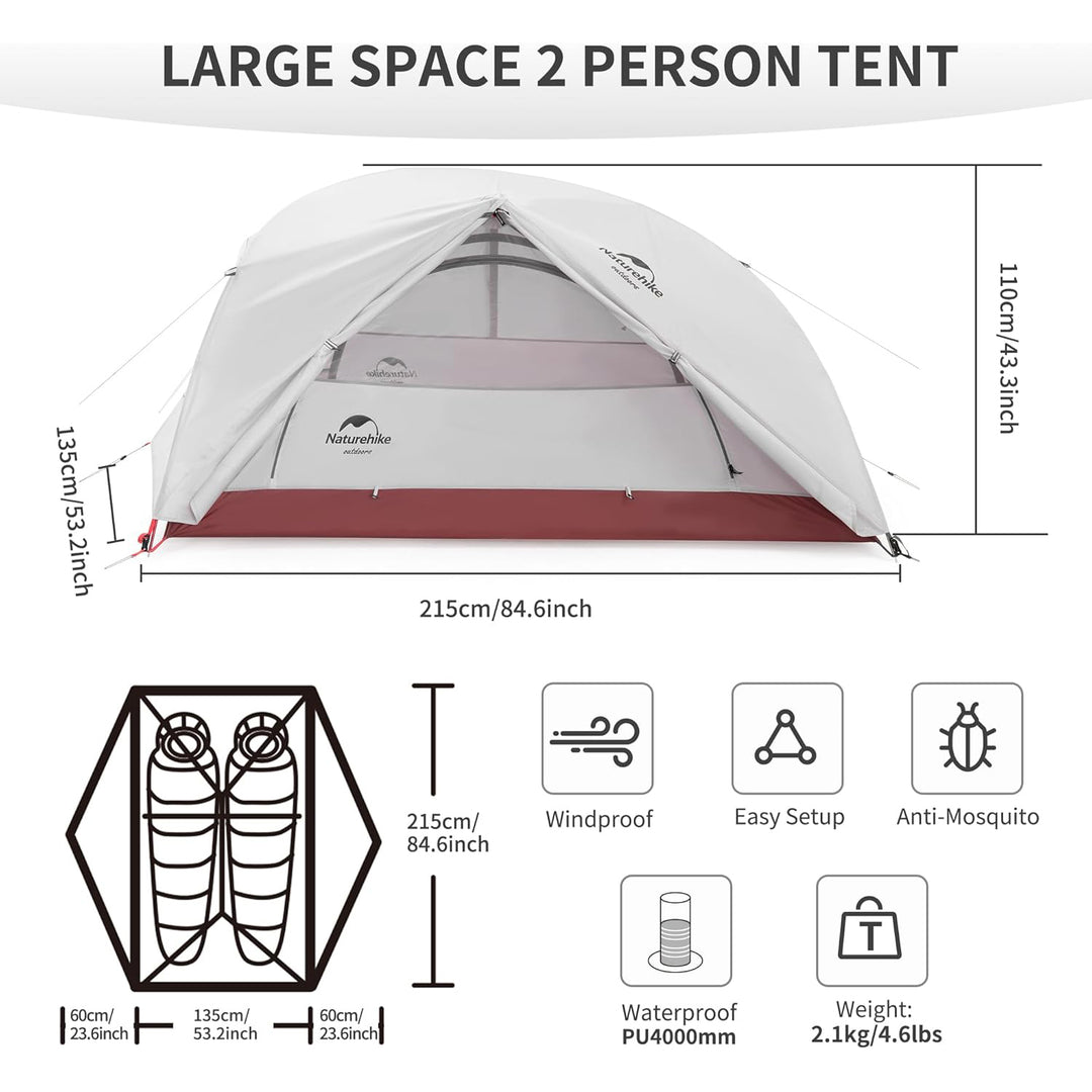 Technical specification view of the Naturehike Star River Tent, detailing its packed size, lightweight nature, and spacious interior for two people. Highlights B3 mesh ventilation and reliable PU4000mm waterproof rating for outdoor durability.