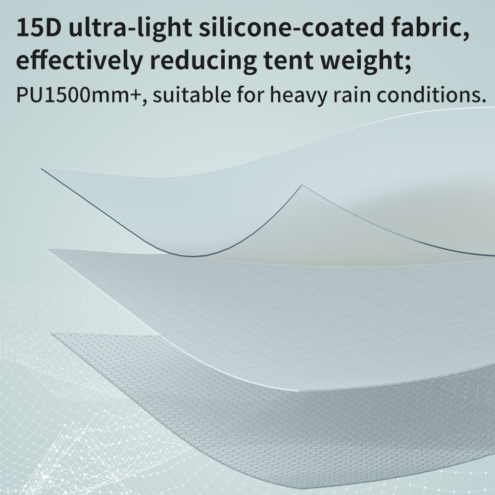 Naturehike Star River UL 2-Person ultralight backpacking tent featuring 15D ultra-light silicone-coated fabric with PU1500mm+ waterproof rating, designed to reduce weight and perform reliably in heavy rain conditions.