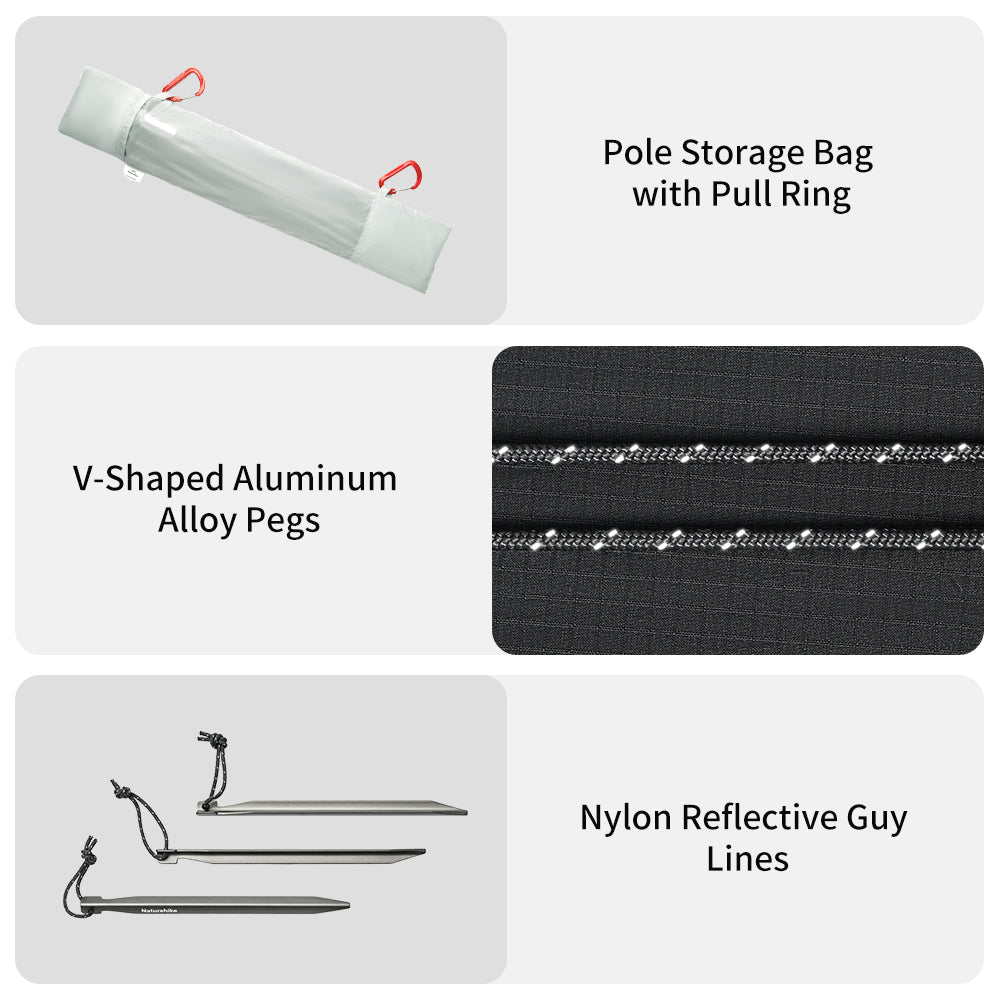 Naturehike Star River UL 2-Person ultralight backpacking tent accessories including a pole storage bag with pull ring, durable V-shaped aluminum alloy pegs, and nylon reflective guy lines for secure and reliable setup.