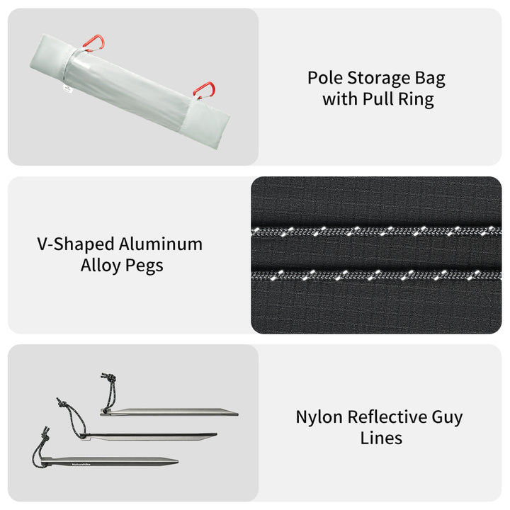Naturehike Star River UL 2-Person ultralight backpacking tent accessories including a pole storage bag with pull ring, durable V-shaped aluminum alloy pegs, and nylon reflective guy lines for secure and reliable setup.