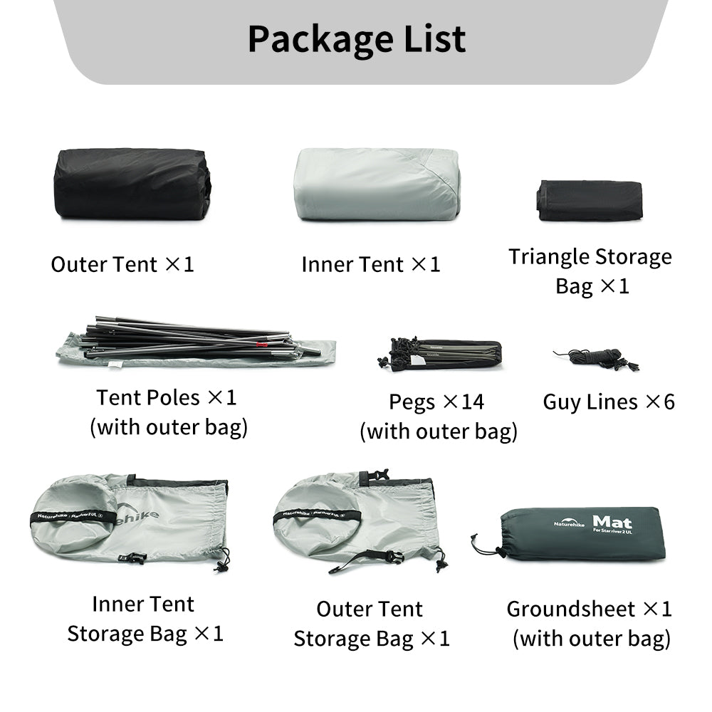 Naturehike Star River UL 2-Person ultralight backpacking tent accessories list showing included components for a complete and convenient setup.