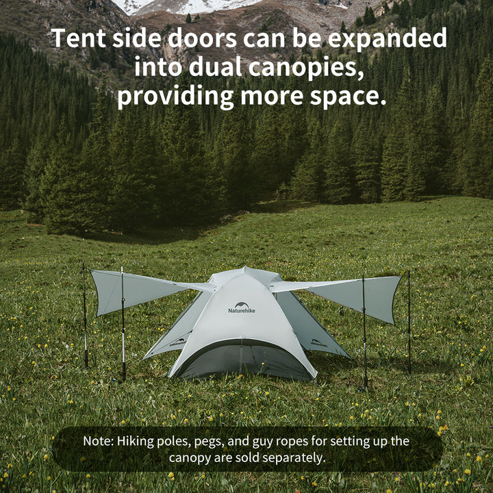 Naturehike Star River UL 2-Person ultralight backpacking tent set up on grass, with side doors expanded into dual canopies to create extra covered space for outdoor living.