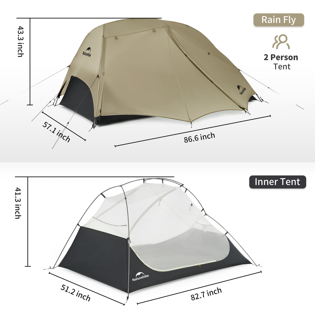 Naturehike Star River UL 2-Person ultralight backpacking tent showing the outer tent dimensions, providing a clear view of overall size and coverage for three-season camping.