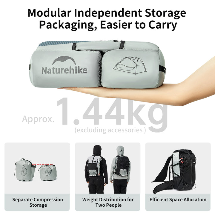Naturehike Star River UL 2-Person ultralight backpacking tent highlighting its lightweight design, compact pack size, and easy storage for convenient carrying on backpacking and hiking trips.