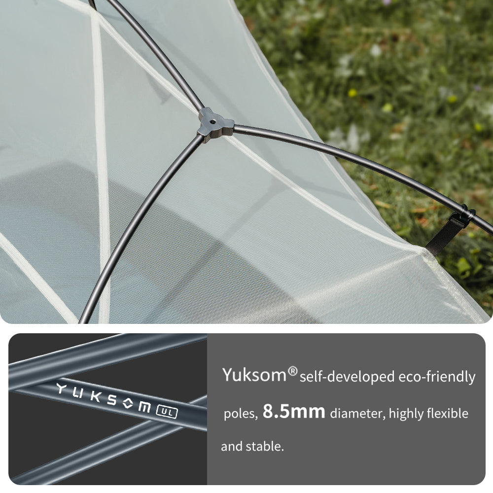 Naturehike Star River UL 2-Person ultralight backpacking tent featuring Yuksom® self-developed eco-friendly aluminum alloy poles with an 8.5mm diameter, offering high flexibility and stable structural support.