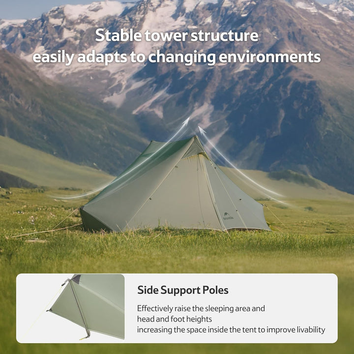 Naturehike Summiture UL 2 tent set up at the base of a mountain, stable tower structure with side support poles, raising sleeping area and head and foot heights, providing more interior space and livability, suitable for tents for sale camping and outdoor adventures.