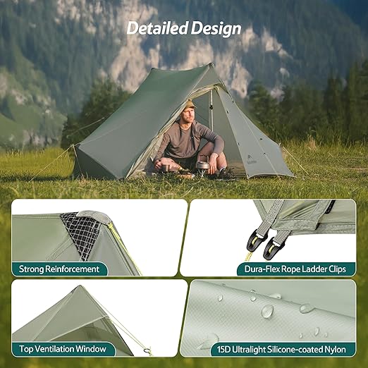 Naturehike Summiture UL 2 tent set up outdoors showing four close-up details: strong reinforcement, dura-flex rope ladder clips, top ventilation window, and 15D ultralight silicone-coated nylon, highlighting durability and lightweight design, suitable for best lightweight tents and camping gear on sale.