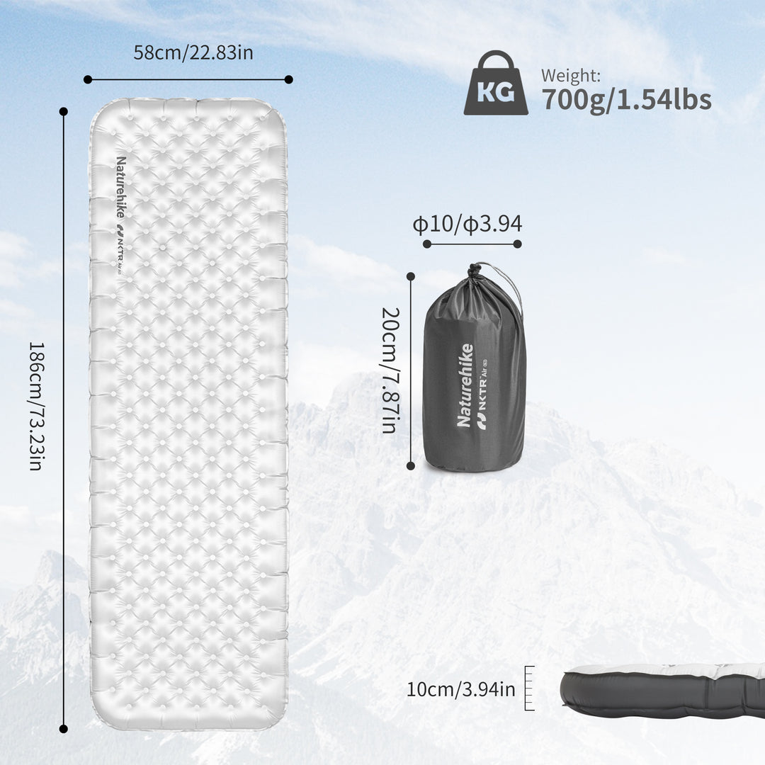 Naturehike TuYe R6.5 ultralight inflatable sleeping pad dimensions, weight, and packed size shown, lightweight insulated camping mat designed for compact storage and easy carrying during backpacking, hiking, and outdoor adventures.