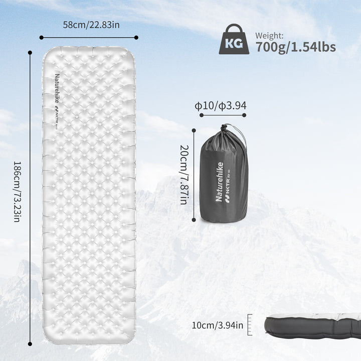 Naturehike TuYe R6.5 ultralight inflatable sleeping pad dimensions, weight, and packed size shown, lightweight insulated camping mat designed for compact storage and easy carrying during backpacking, hiking, and outdoor adventures.
