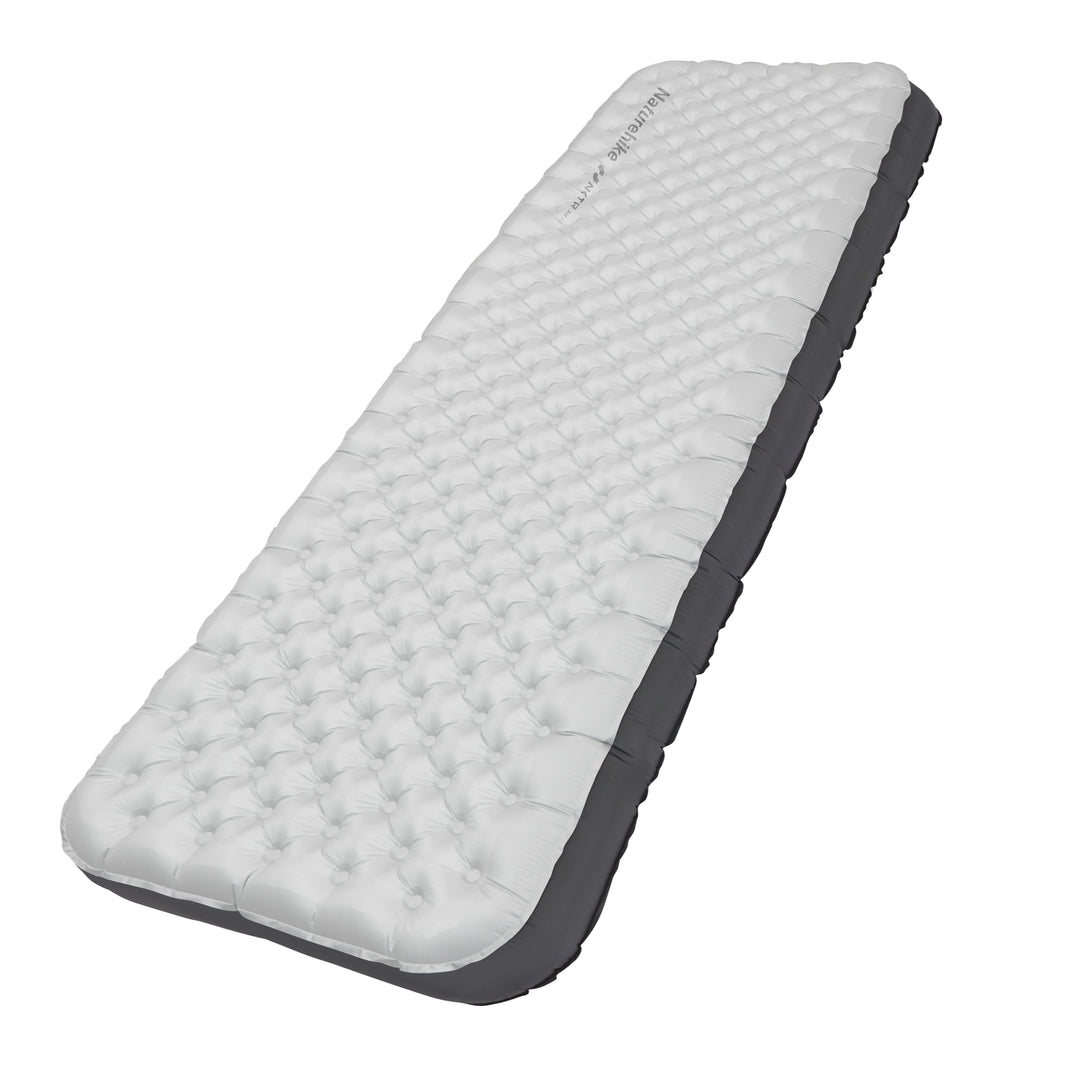 Naturehike TuYe R6.5 ultralight inflatable sleeping pad fully inflated on white background, insulated camping mat with reinforced sidewalls for stability, lightweight and compact design for backpacking, hiking, and cold-weather outdoor use.