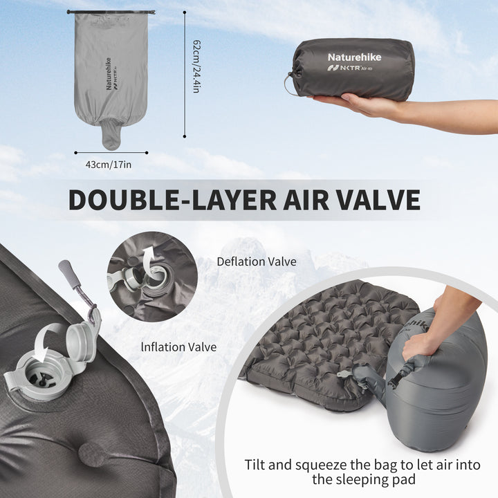 Naturehike TuYe R6.5 ultralight inflatable sleeping pad pump sack system with inflation method and compact packed size, easy and efficient setup with portable design for backpacking, hiking, and outdoor camping use.