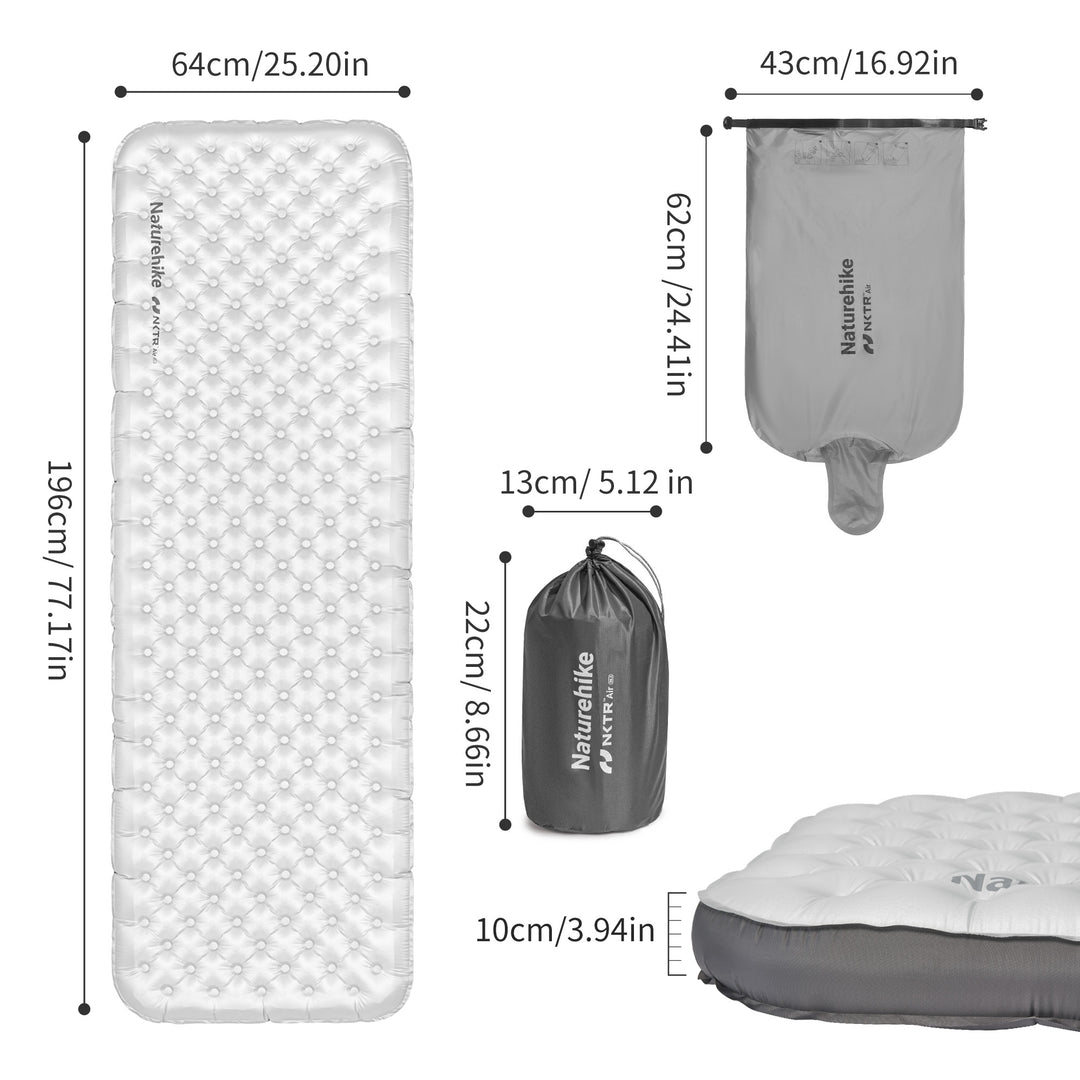 Naturehike TuYe R6.5 ultralight inflatable sleeping pad rectangular shape 196x64cm dimensions with thickness, weight, and packed size shown, insulated camping mat designed for enhanced comfort, stability, and compact portability for backpacking, hiking, and outdoor use.