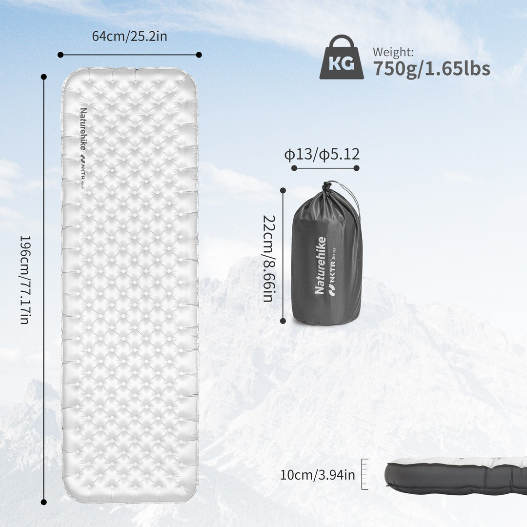 Naturehike TuYe R6.5 ultralight inflatable sleeping pad rectangular shape 196x64cm dimensions with weight and packed size shown, insulated camping mat designed for stability, comfort, and compact storage for backpacking, hiking, and outdoor use.