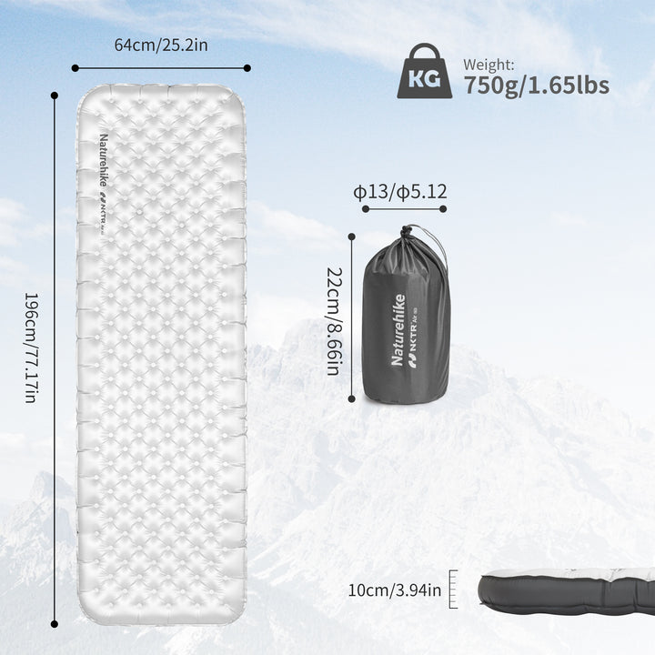 Naturehike TuYe R6.5 ultralight inflatable sleeping pad rectangular shape 196x64cm dimensions with weight and packed size shown, insulated camping mat designed for stability, comfort, and compact storage for backpacking, hiking, and outdoor use.