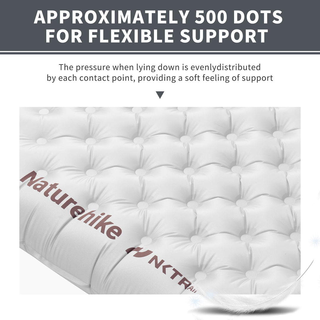 Naturehike TuYe ultralight inflatable sleeping pad with approximately 500 air cells, evenly distributing pressure for flexible support and enhanced comfort, providing a soft and stable sleeping experience for camping and backpacking.
