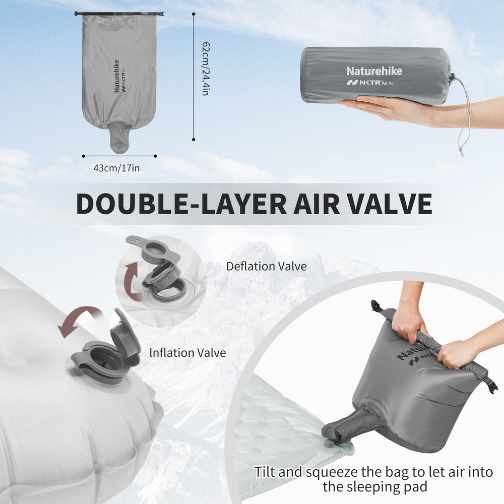 Naturehike TuYe ultralight inflatable sleeping pad dimensions and packed size, showing full length width thickness and compact storage volume, lightweight insulated camping mat for backpacking, hiking, and cold-weather outdoor use.