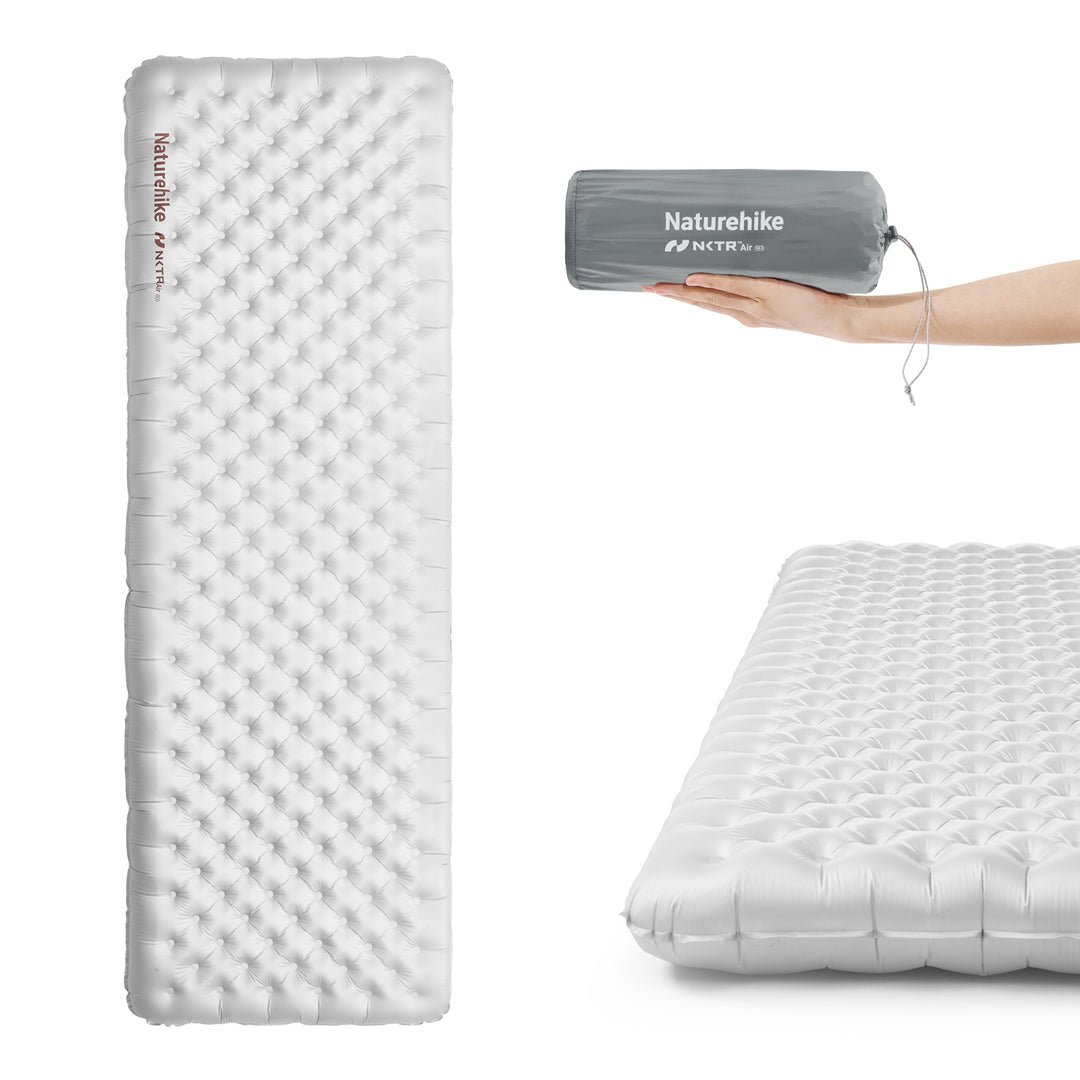 Naturehike TuYe ultralight inflatable sleeping pad shown inflated and packed on white background, compact cold-weather camping mat with R-value 8.8, lightweight insulated air pad with pump sack for backpacking, hiking, and outdoor adventures.