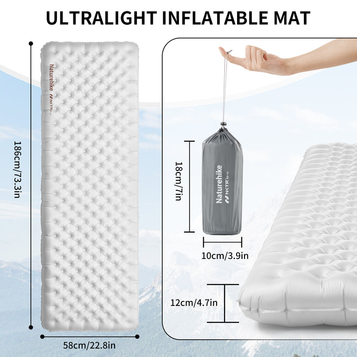 Naturehike TuYe ultralight inflatable sleeping pad rectangular shape 186x58cm dimensions with thickness and packed size shown, full-width design for enhanced comfort and stability, ideal for backpacking, hiking, and cold-weather camping.