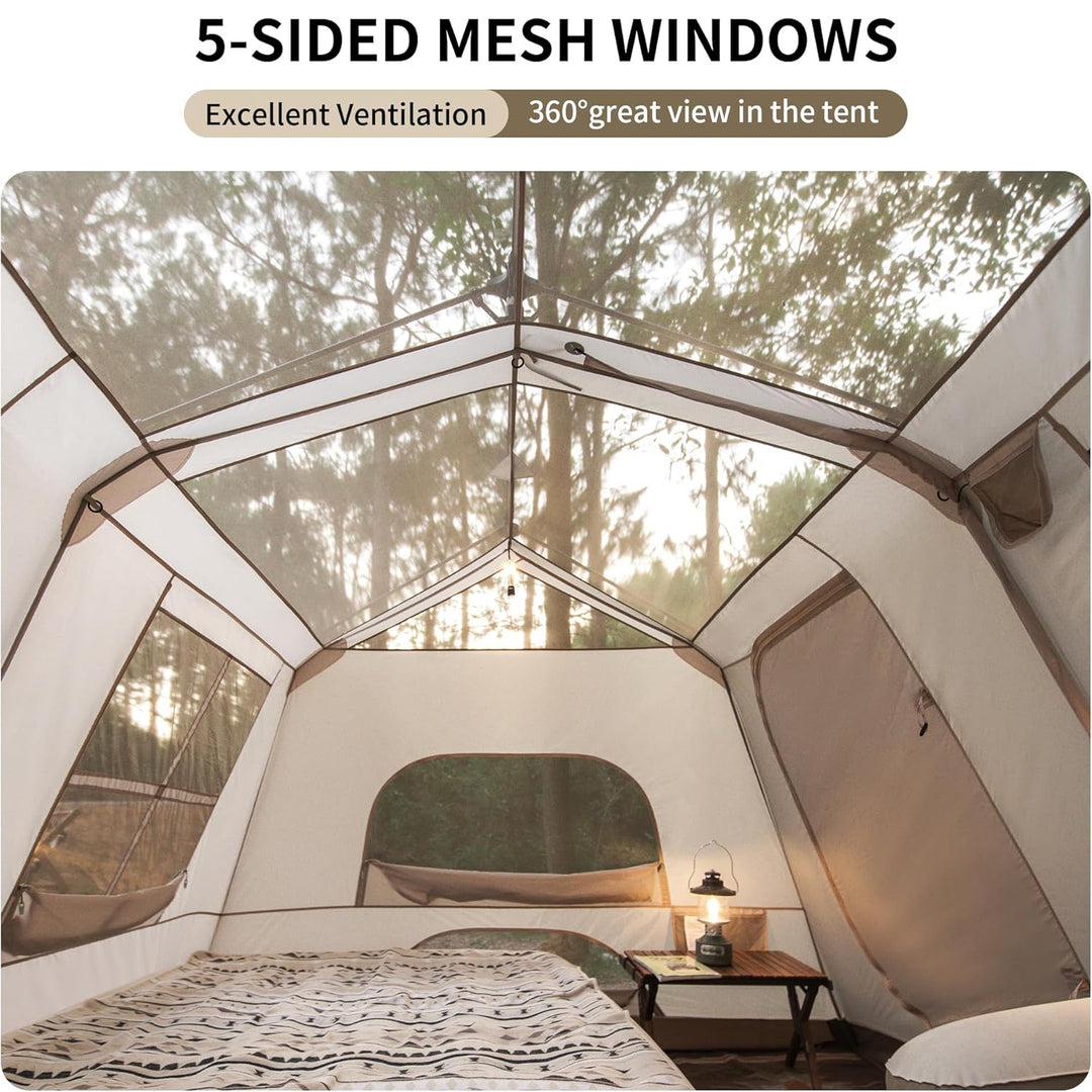 Naturehike Village 13 6-Person Automatic Cabin Tent with 5-sided mesh windows for excellent ventilation and 360-degree view, keeping the interior cool, breathable, and comfortable for family camping.