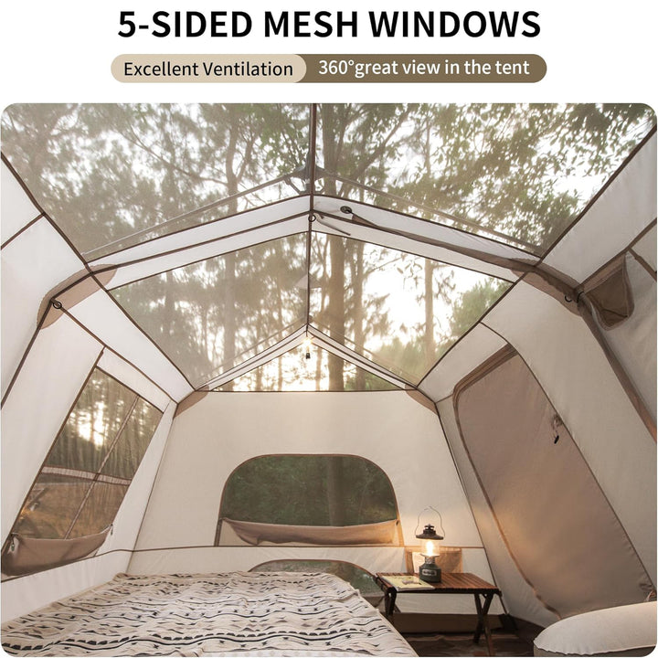 Naturehike Village 13 6-Person Automatic Cabin Tent with 5-sided mesh windows for excellent ventilation and 360-degree view, keeping the interior cool, breathable, and comfortable for family camping.