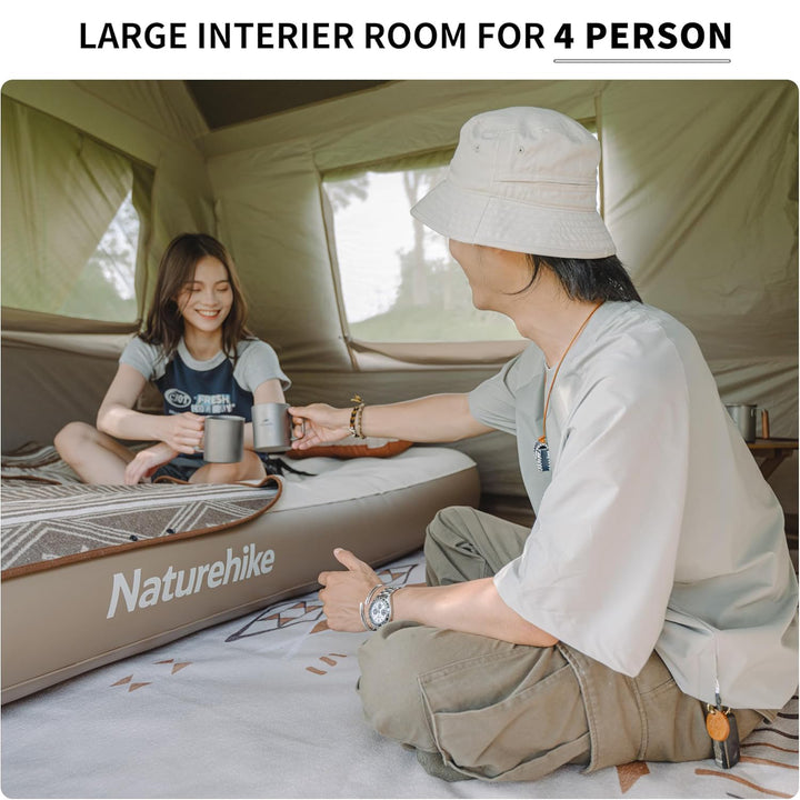 Naturehike Village 13 6-Person Automatic Cabin Tent back view set up outdoors, showcasing large interior room that comfortably accommodates 4 people for family camping and outdoor adventures.