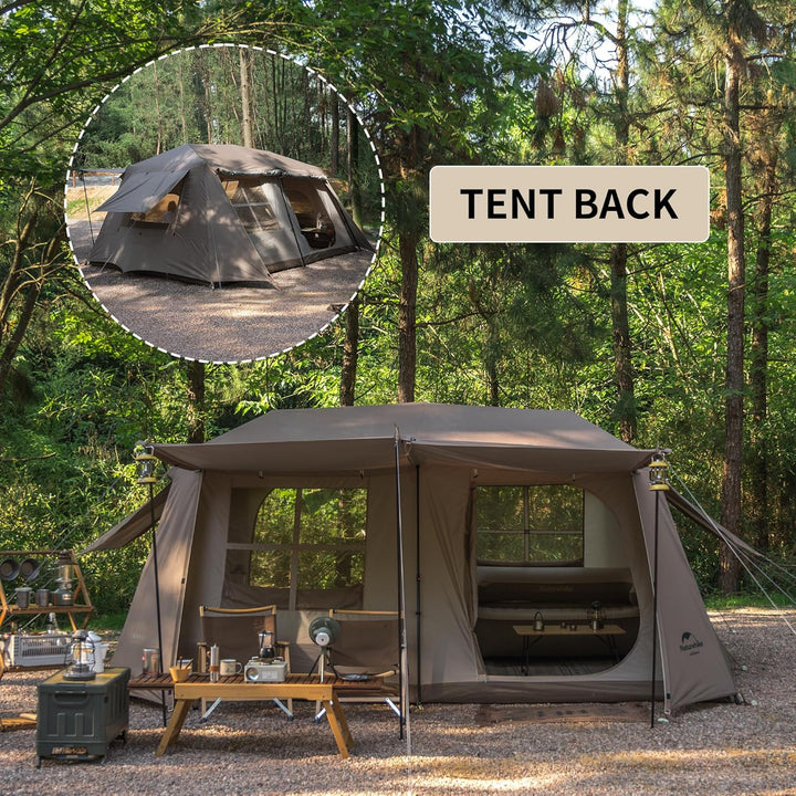 Naturehike Village 13 6-Person Automatic Cabin Tent back view set up outdoors, spacious and durable family camping tent with easy setup and weather-resistant design.
