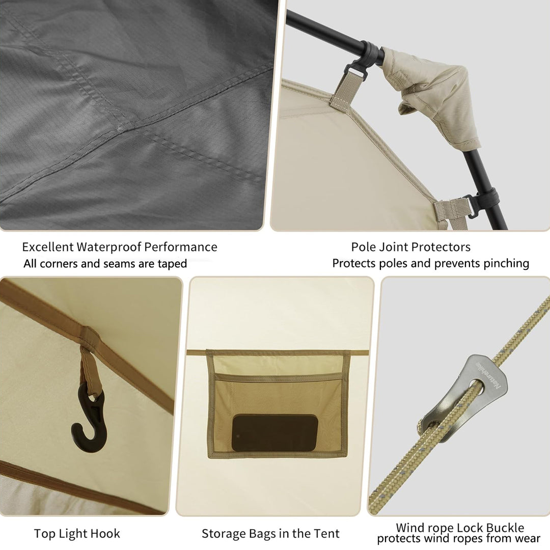 Naturehike Village 13 6-Person Automatic Cabin Tent close-up of design details, including excellent waterproof performance with taped seams, pole joint protectors to prevent pinching, top light hook, interior storage bags, and wind rope lock buckle for durable and safe family camping.
