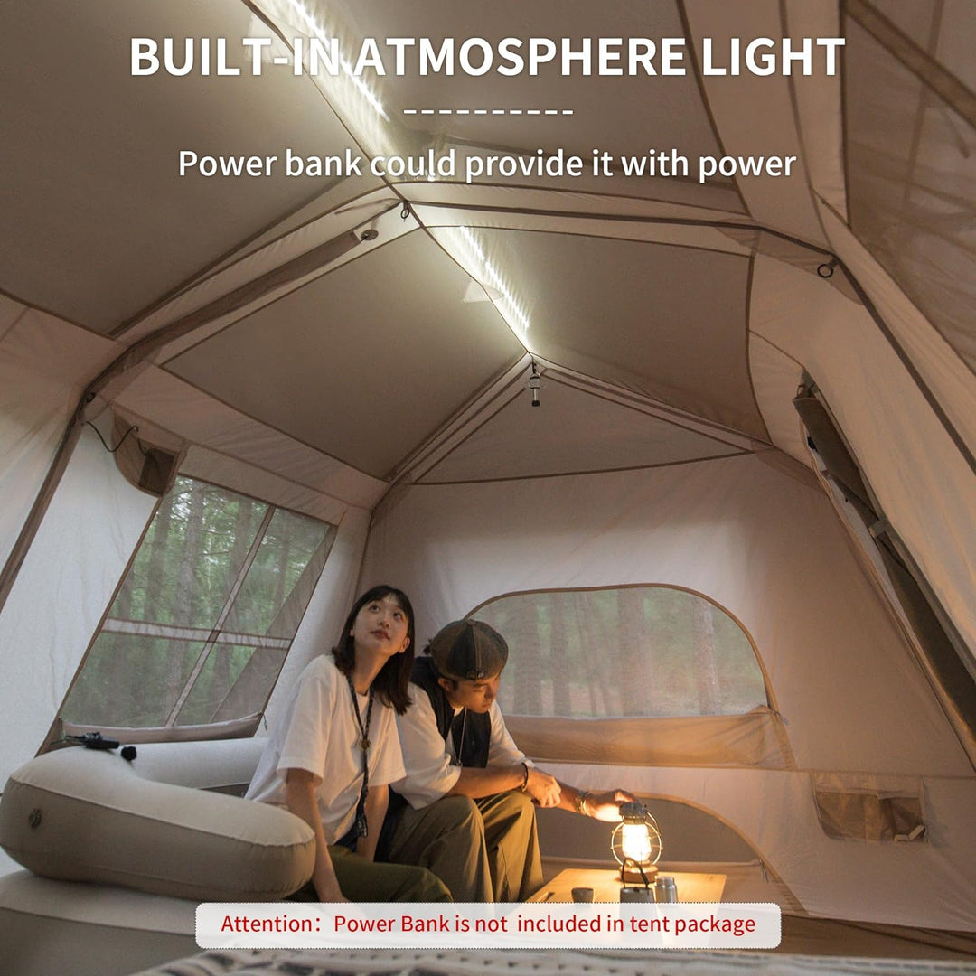 Naturehike Village 13 6-Person Automatic Cabin Tent interior view with built-in LED hanging light powered by a power bank, creating a cozy and well-lit family camping environment.

