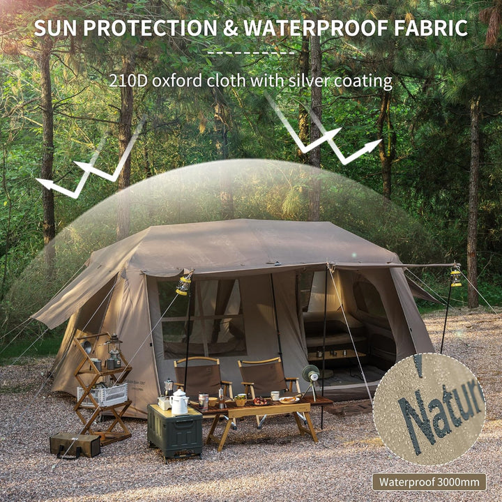 Naturehike Village 13 6-Person Automatic Cabin Tent with sun protection and waterproof 210D Oxford cloth silver coating, durable and breathable fabric for family camping and outdoor adventures.