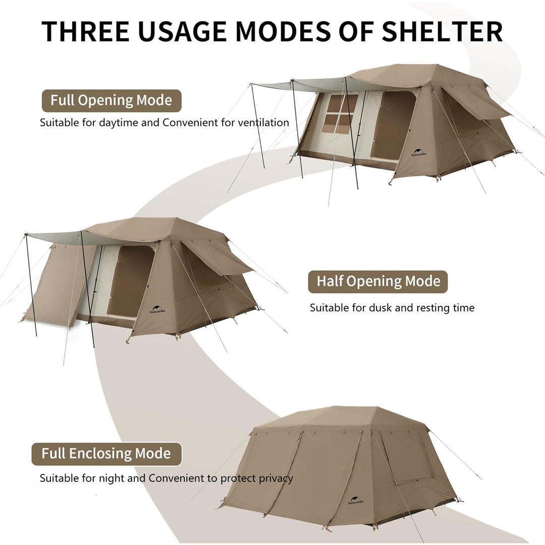 Naturehike Village 13 6-Person Automatic Cabin Tent showing three setup modes: Full Opening for daytime and ventilation, Half Opening for dusk and resting, and Full Enclosing for night and privacy protection, versatile for family camping.