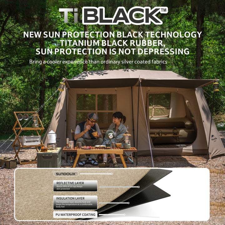 Naturehike Village 13 tent titanium black coating design showing enhanced sun protection and heat blocking performance for cooler family camping comfort.